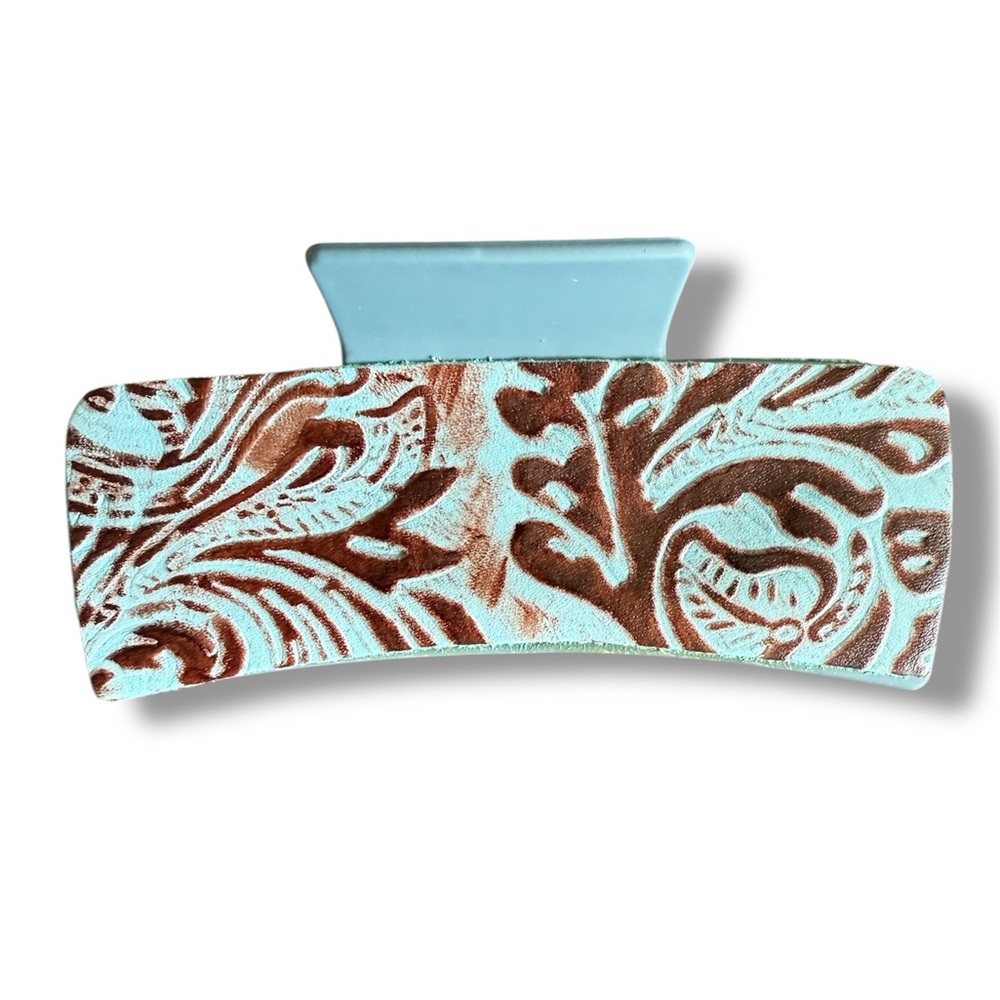 Myra Small Hair Comb Clip with Turquoise Hand-Tooled Embossed Leather - NWT - Picture 2 of 4